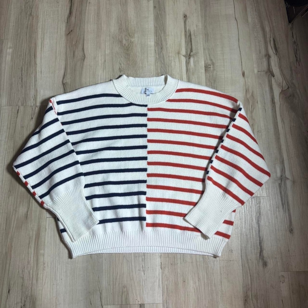 Urban Daizy White Striped Chunky Knit Sweater Red Navy Blue Large Womens